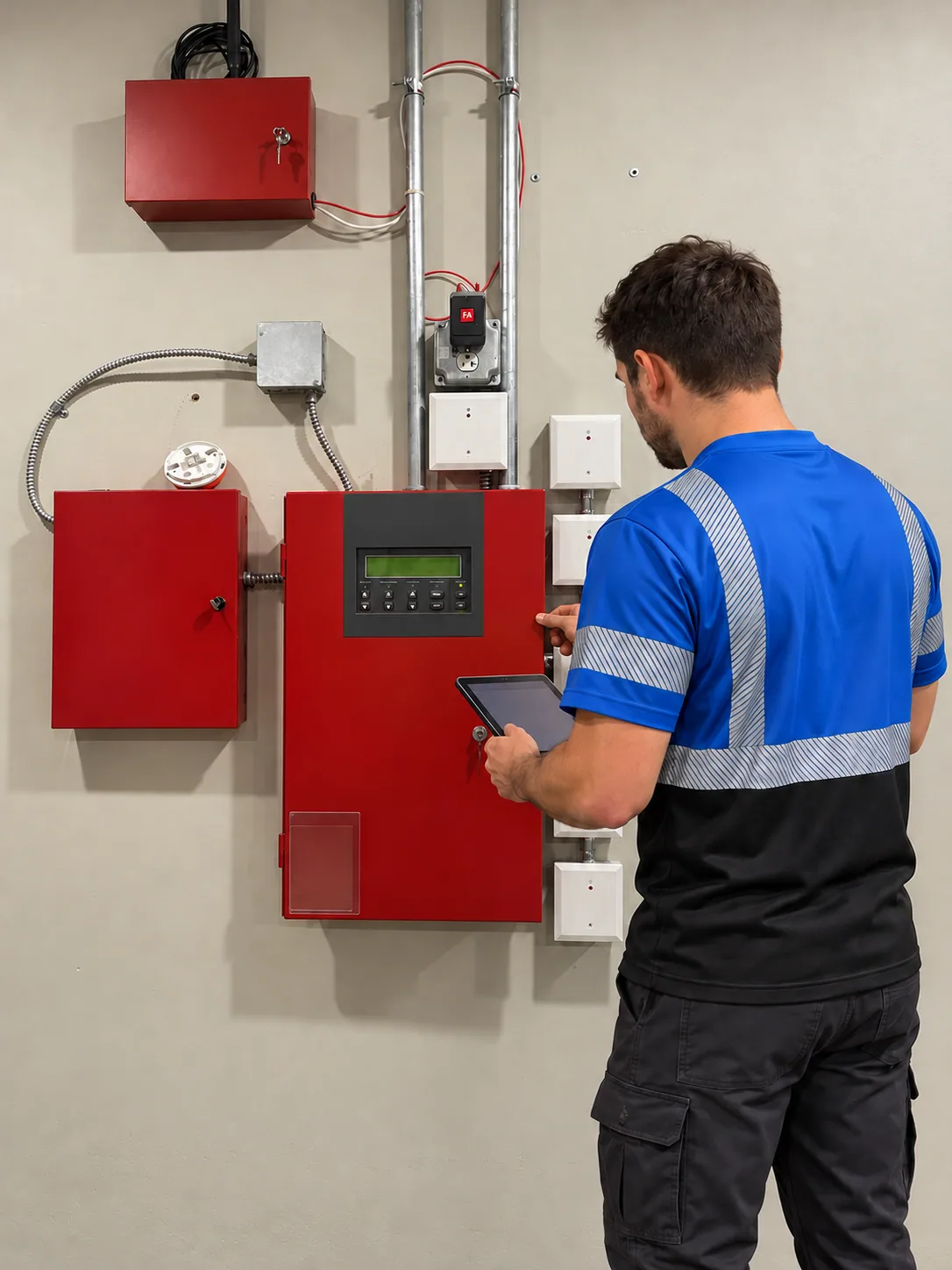 Technician in a blue reflective shirt reviewing a fire alarm panel.
